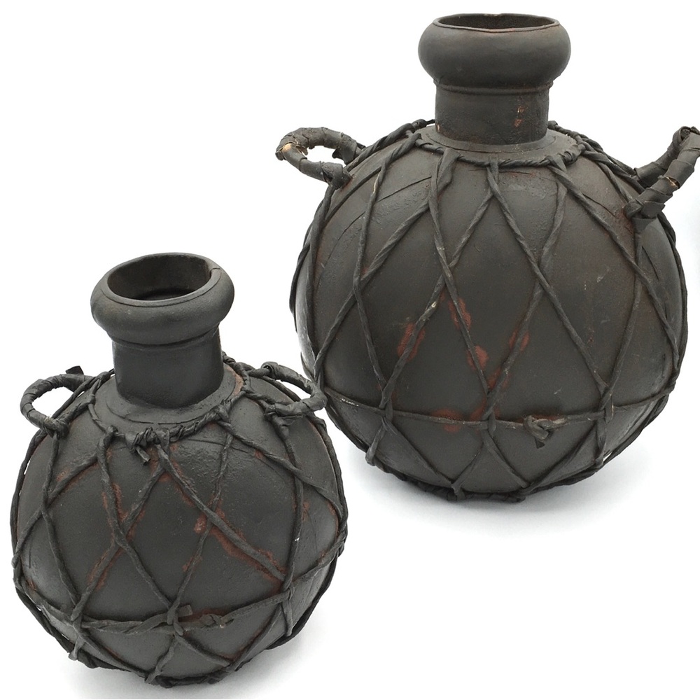 Italian Decorative Leather Wrapped Metal Canteen Water Jugs 12” & 8” Set of 2 - Picture 8 of 16